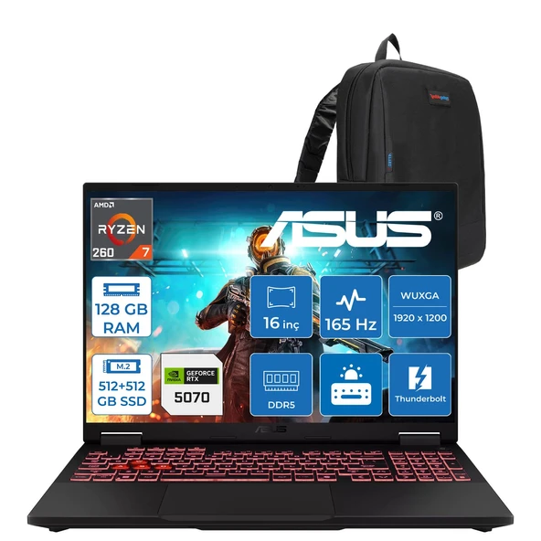 Asus Tuf Gaming A16 FA608UMI Amd Ryzen™ 7 260 Aı 128GB Ddr5 512GB SSD+512GB SSD 8GB/RTX5060 115W 16-Inch Fhd+ 1920 x 1200, 144Hz 3ms IPS-SRGB:100% Freedos Gaming Laptop WTU292F50+ZETTAÇANTA ürün görseli 1