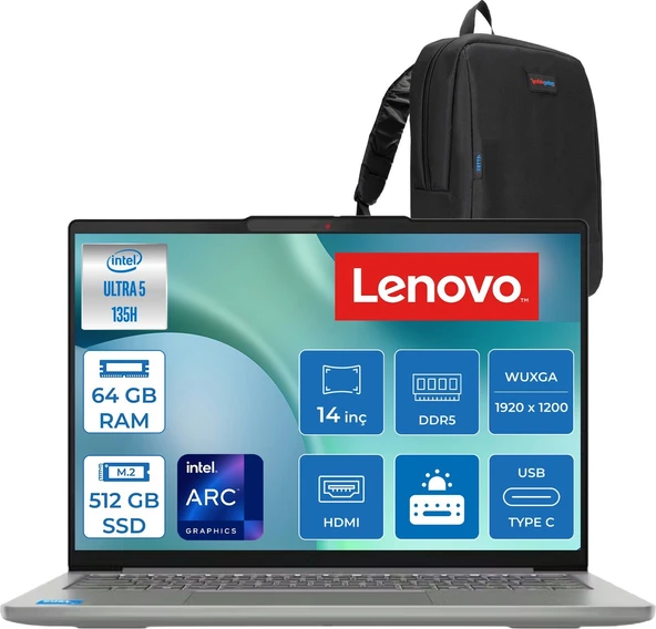 Lenovo Ideapad Slim 5 14IMH10 Intel Core Ultra 5 135H 64GB Ddr5 512GB SSD Freedos Intel Arc Graphics 14" Wuxga (1920X1200) OLED 400NITS Laptop 83V6004CTRF26 + Zetta Çanta ürün görseli 1