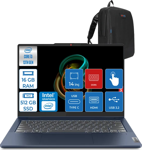 Lenovo Ideapad Slim 5 Intel Core I5 13420H 16GB Lpddr5 512GB SSD WIN11HOME 14" Wuxga IPS Dokunmatik Bilgisayar ID83KX004FTRH01 + Zettaçanta ürün görseli 1