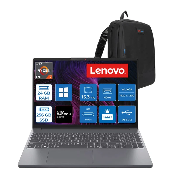 Lenovo Ideapad Slim 3 15ARP10 Amd Ryzen 7 170 24GB Ddr5 256GB SSD 15.3" Wuxga (1920X1200) IPS 300NITS WIN11PRO Taşınabilir Bilgisayar 83K700PSTRP06+ZETTAÇANTA ürün görseli 1