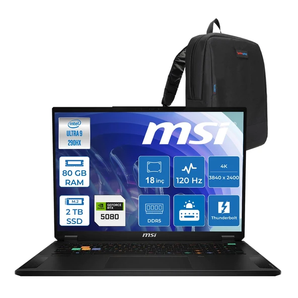 MSI Msı Stealth 18 Hx A2WI-081TR Intel Core Ultra 9-290HX Plus Aı 80GB Ddr5 2tb SSD 16GB/RTX5080 150W 18INÇ 4K UHD+120Hz Freedos Gaming Laptop MSA2WI081TRF37+ZETTAÇANTA ürün görseli 1