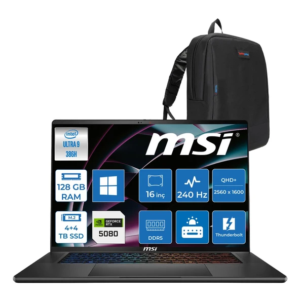 MSI Msı Stealth 16 Aı+ B3WI-003TR Intel Core Ultra 9-386H Aı 128GB Ddr5 4tb SSD +4tb SSD 16GB/RTX5080 125W 16" Qhd+ (2560 x 1600) Oled, 240hz,  WINDOWS11HOME Gaming Laptop B3WI003TRH56+ZETTAÇANTA ürün görseli 1