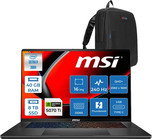 MSI Msı Stealth A16 Aı+ Ultra 9 386H 40GB 8tb SSD 12GB/RTX5070TI/105W 16" Qhd+ 240Hz Windows 11 Pro Gaming Bilgisayar MXB3WHF52 + Zettaçanta ürün görseli 1
