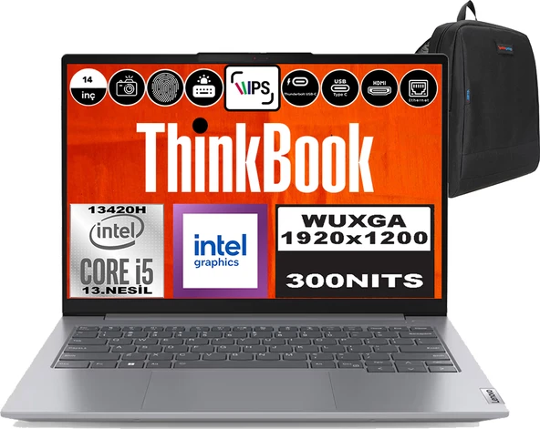 Lenovo Thinkbook 14 G6 Irl Intel Core I5 13420H 80GB 2tb SSD 14" Wuxga 300NITS IPS Windows 11 Home Taşınabilir Bilgisayar 21KG00UCTRH28 + Zetta Çanta ürün görseli 1