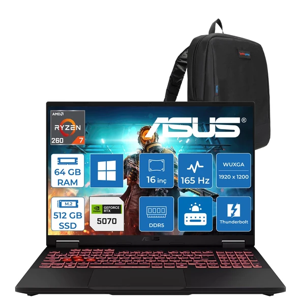 Asus Tuf Gaming A16 FA608UMI Amd Ryzen™ 7 260 Aı 64GB Ddr5 512GB SSD 8GB/RTX5060 115W 16-Inch Fhd+ 1920 x 1200, 144Hz 3ms IPS-SRGB:100% WINDOWS11PRO Gaming Laptop WTU292P25+ZETTAÇANTA ürün görseli 1