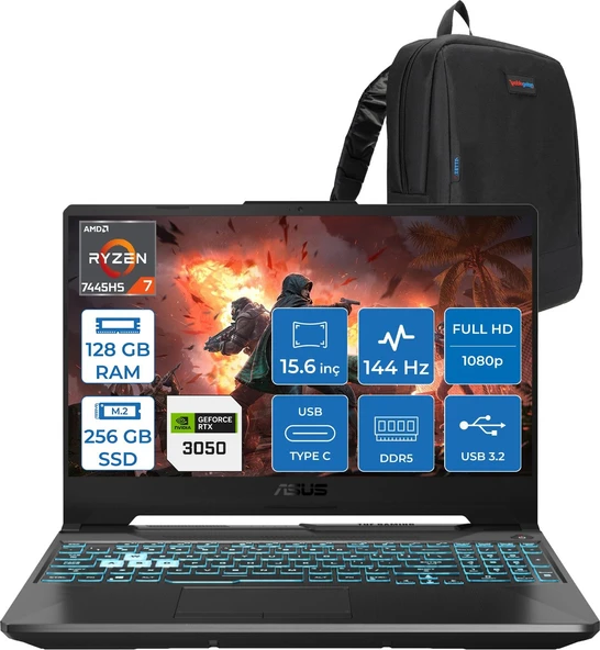 Asus Tuf Gaming A15 – FA506NCG Amd Ryzen 7-7445HS 128GB Ddr5 256GB SSD Rtx 3050/4GB 75W 15.6 Inç Full Hd 144Hz Ips-Level Freedos Gaming Bilgisayar HN206AF36+ZETTAÇANTA ürün görseli 1