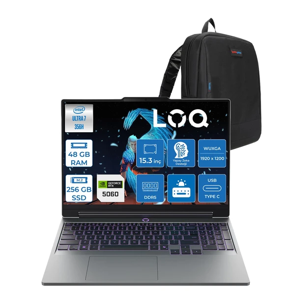 Lenovo Loq Intel Core Ultra 7 356H 48GB Ddr5 256GB SSD 8GB/RTX5060/115W 15.3" Wuxga %100SRGB 165Hz Windows 11 Pro Gaming Bilgisayar 15IPH1156P21 + Zetta Çanta ürün görseli 1