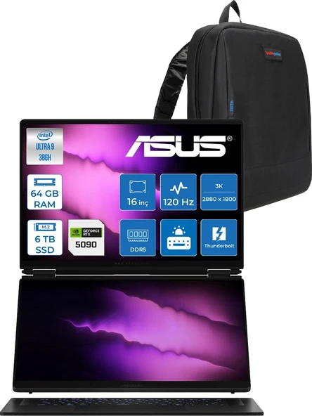 Asus Rog Zephyrus Duo (2026) Intel Core Ultra 9 386H 64GB Ddr5 6tb Freedos Geforce Rtx 5090 24GB Çift Ekran 16" Dokunmatik 3k (2880 x 1800) OLED 120Hz 0.2ms GX651AXSR051WF04 + Zetta Çanta ürün görseli 1