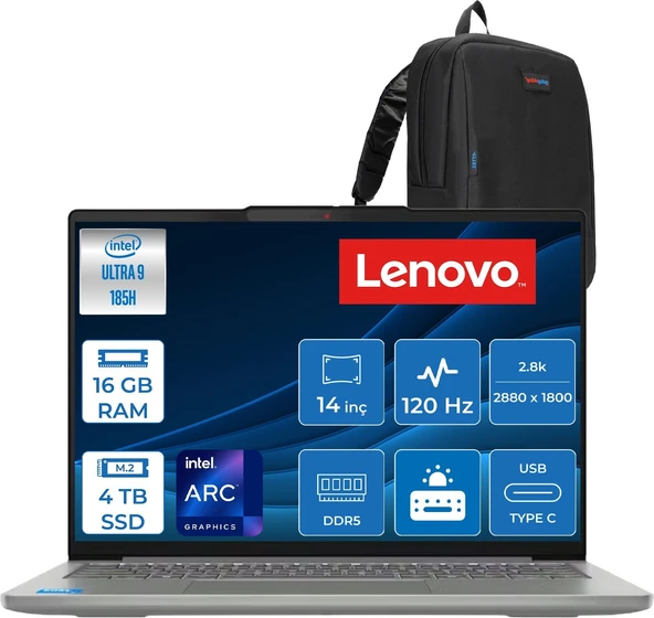 Lenovo Ideapad Slim 5 14IMH10 Intel Core Ultra 9 185H 16GB Ddr5 4tb SSD Freedos Intel Arc Graphics 14" 2.8k (2880X1800) OLED 500NITS 120Hz Laptop 83V6004DTRF04 + Zetta Çanta ürün görseli 1