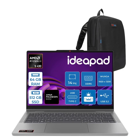 Lenovo Ideapad 5 2ın1 Amd Ryzen Aı 5 430 64GB Ddr5 512GB SSD Windows 11 Home Amd Radeon 840M 14" Wuxga (1920X1200) IPS 400NITS 60Hz Dokunmatik Bilgisayar 43014AGP11H27 + Zetta Çanta ürün görseli 1