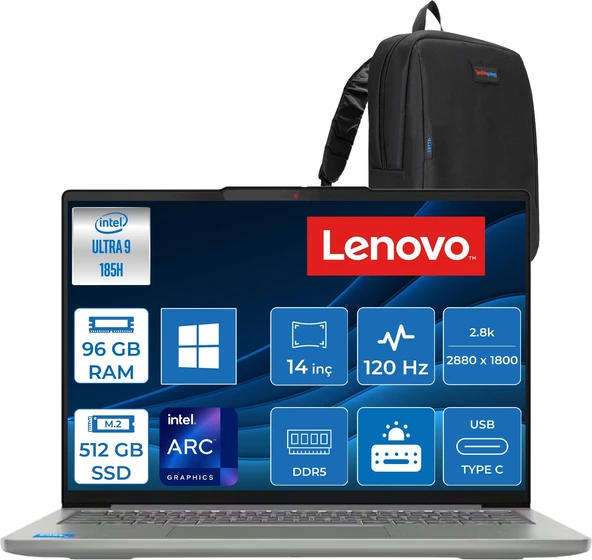 Lenovo Ideapad Slim 5 14IMH10 Intel Core Ultra 9 185H 96GB Ddr5 512GB SSD Windows 11 Home Intel Arc Graphics 14" 2.8k (2880X1800) OLED 500NITS 120Hz Laptop 83V6004DTRH36 + Zetta Çanta ürün görseli 1