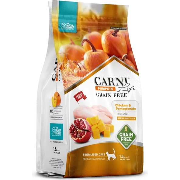 Carni Life Tahılsız Pumpkin Adult Sterilised Tavuklu & Narlı Kısırlaştırılmış Yetişkin Kedi Maması 1,5 Kg ürün görseli 1