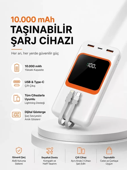 Nevamel® 10.000 mAh Bataryalı Dijital Göstergeli Taşınabilir Powerbank ürün görseli 1