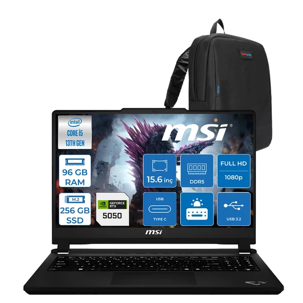 Msi Cyborg 15 Max C13WE-072XTR Intel Core I5 13420H 96GB Ddr5 256GB SSD Geforce RTX5050 100W Gddr7 8gb Freedos 15.6" IPS Fullhd (1920X1080) 144Hz Oyuncu Bilgisayarı 072TRF36 + Zetta Çanta ürün görseli 1