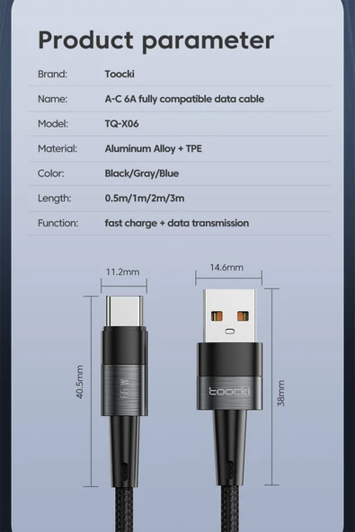 Toocki 66W Hasırlı Usb to Type-C PD Hızlı Şarj Kablosu 1M ürün görseli 1
