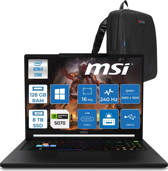Msi Raider 16 Hx B2WGX-018TR Intel Core Ultra 9 275HX 128GB Ddr5 8tb SSD RTX5070 12GB 115W Windows 11 Home 16" QHD+(2560X1600) 240Hz OLED Oyuncu Bilgisayarı 018TRH30 + Zetta Çanta ürün görseli 1
