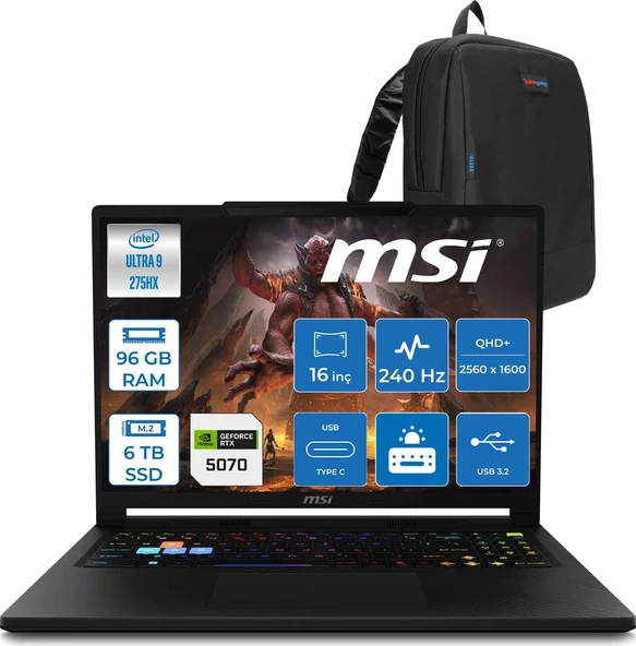 Msi Raider 16 Hx B2WGX-018TR Intel Core Ultra 9 275HX 96GB Ddr5 6tb SSD RTX5070 12GB 115W Freedos 16" QHD+(2560X1600) 240Hz OLED Oyuncu Bilgisayarı 018TRF24 + Zetta Çanta ürün görseli 1