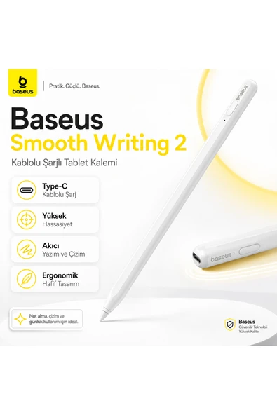 BASEUSONLINE Smooth Writing 2 Aktif Stylus Kalem - Kablolu Şarjlı iPad Uyumlu Dokunmatik Kalem Avuç içi Reddi Hassas Yazım ve Çizim ürün görseli 1