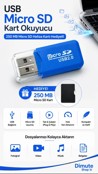 USB Micro SD Kart Okuyucu TF Hafıza Kart Okuyucu + 250 MB Micro SD Hediyeli ürün görseli 1