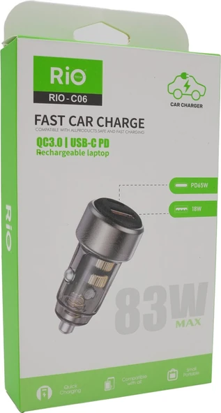 Rio Tech RIO-C06 Hızlı Araç Şarj Cihazı USB-C PD ve QC3.0 Destekli ürün görseli 1