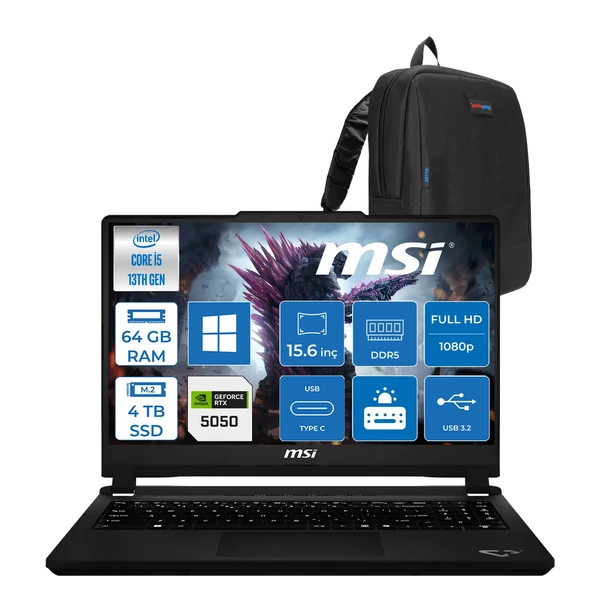 Cyborg 15 Max C13WE-072XTR Intel Core I5 13420H 64GB Ddr5 4tb SSD Geforce RTX5050 100W Gddr7 8gb Windows 11 Pro 15.6" IPS Fullhd (1920X1080) 144Hz Oyuncu Bilgisayarı 072TRP30 + Zetta Çanta