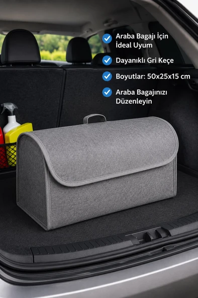 Jasper Gri Keçe Araba Bagaj Çantası – Oto Bagaj Organizer Kapaklı Cırtlı Düzenleyici 50x25x15 ürün görseli 1