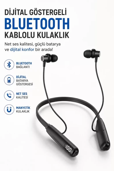 Nevamel® Dijital Batarya Göstergeli Bluetooth Özellikli Boyun Askılı Kulaklık ürün görseli 1