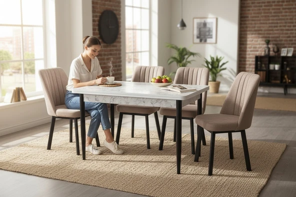 EFE MOBİLYA T-6029 CARARA MDF 70X120 KAREGOLD CAPPUCİNO SANDALYE 4 KİŞİLİK MUTFAK MASA TAKIMI ürün görseli 1