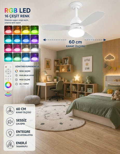 German New White Super Fan 60 CM Kalın Kanat Dim Ayarlı Tavan Vantilatörü RGB Led 16 Renk Sessiz Sinek Kovar ürün görseli 1