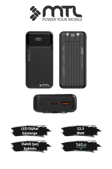 20000 mAh 22.5W Turbo Şarj Dahili Kablolu Dijital LED Göstergeli PD ve QC 3.0 Powerbank MT4321 ürün görseli 1