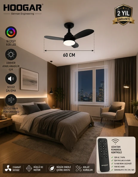 German New Black Super Fan 60 CM Kalın Kanat Dim Ayarlı Tavan Vantilatörü RGB Led 16 Renk Sessiz Sinek Kovar ürün görseli 1