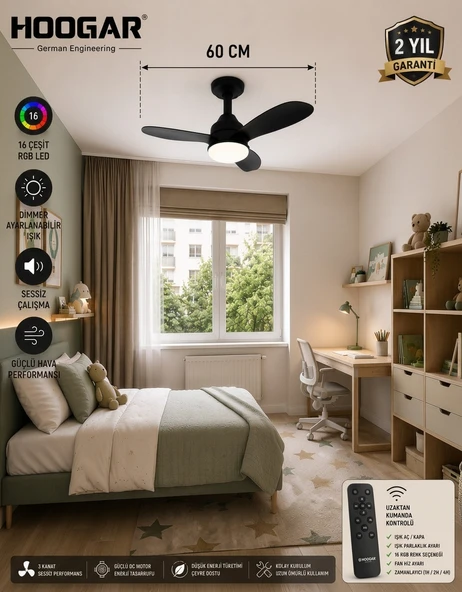 German New Black Super Fan 60 CM Kalın Kanat Dim Ayarlı Tavan Vantilatörü RGB Led 16 Renk Sessiz Sinek Kovar ürün görseli 1