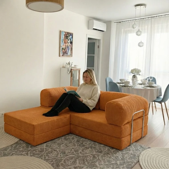 Evessan 200X200 Kanepe - Fitilli Kadife Yıkanır Silinir Pratik Yer Yatağı L Köşe Koltuğu Puflu ürün görseli 1
