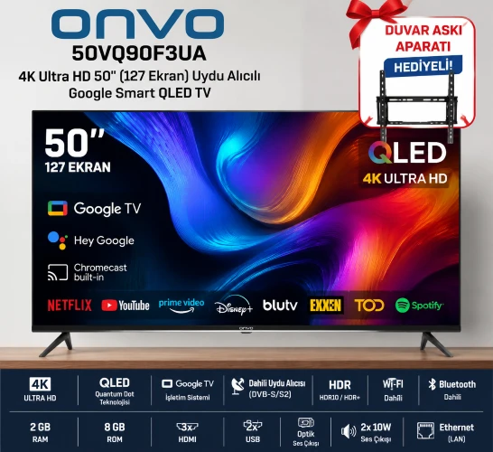 Onvo 50VQ90F3UA 4K Ultra HD 50" 127 Ekran Uydu Alıcılı Google Smart QLED TV+ DUVARA ASKI APARATI HEDİYELİ ürün görseli 1