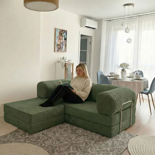 Evessan 200X200 Kanepe - Fitilli Kadife Yıkanır Silinir Pratik Yer Yatağı L Köşe Koltuğu Puflu ürün görseli 1