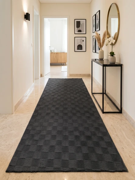 Kare Desenli Antrasit Salon Antre Çocuk Odası Kaymaz Taban Modern Dekoratif Halı ürün görseli 1
