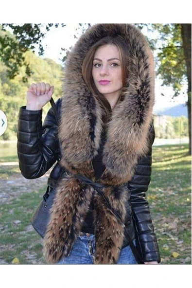 Hakiki Deri Siyah Kürklü Kuşaklı Kadın Deri Ceket ürün görseli 1