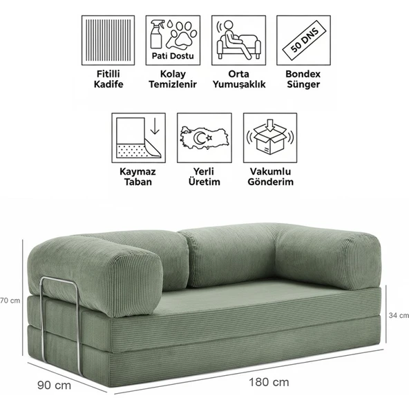 Evessan 90X180 Kanepe - Fitilli Kadife Yıkanır Silinir Pratik Yer Yatağı 90X180CM ürün görseli 1