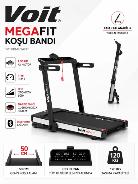 Voit Mega Fit Otomatik Eğimli 50x125 cm Geniş Bant Koşu Bandı 16km Hız Bluetooth Uygulama Kurulum Gerektirmez ürün görseli 1