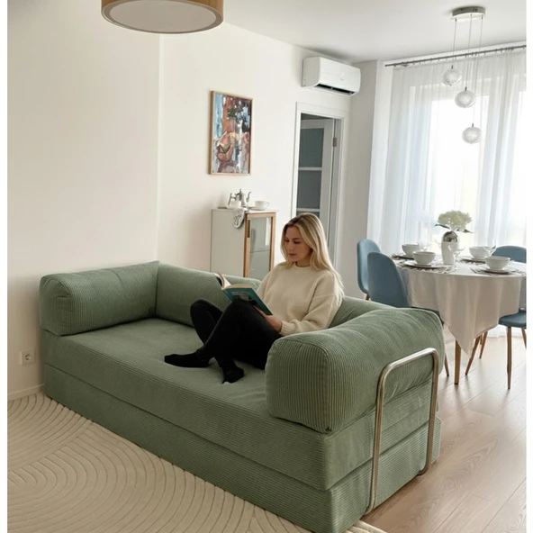 Evessan 100X200 Kanepe - Fitilli Kadife Yıkanır Silinir Pratik Yer Yatağı Yeşil Renk ürün görseli 1