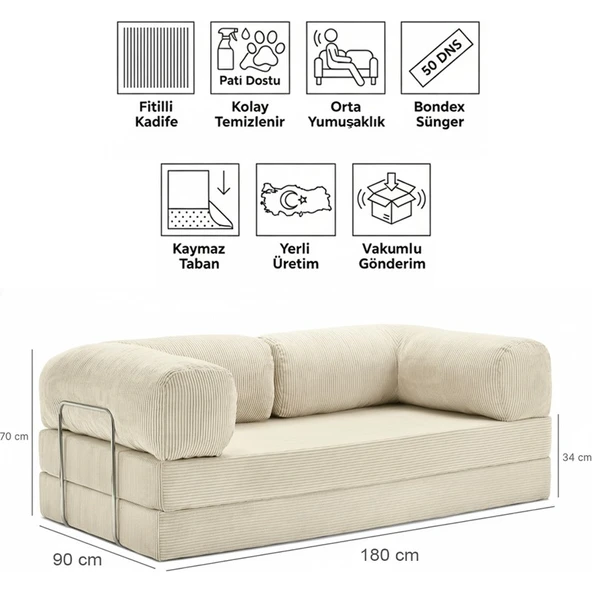 Evessan 90X180 Kanepe - Fitilli Kadife Yıkanır Silinir Pratik Yer Yatağı 90X180CM ürün görseli 1