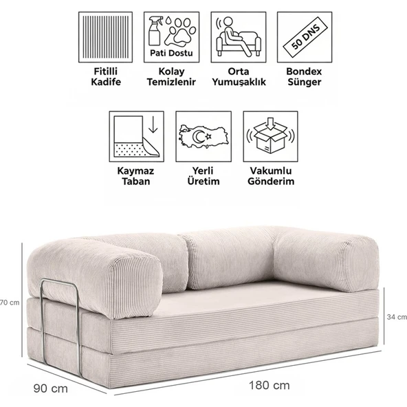 Evessan 90X180 Kanepe - Fitilli Kadife Yıkanır Silinir Pratik Yer Yatağı 90X180CM ürün görseli 1