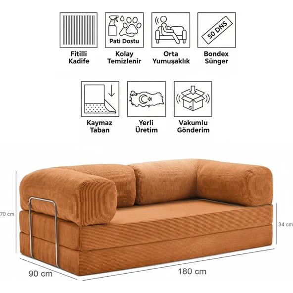 Evessan 90X180 Kanepe - Fitilli Kadife Yıkanır Silinir Pratik Yer Yatağı 90X180CM ürün görseli 1