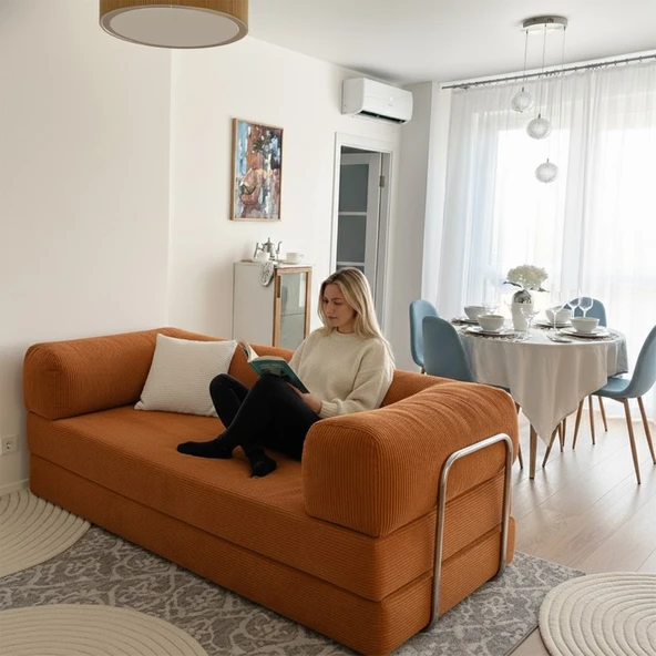 Evessan 100X200 Kanepe - Fitilli Kadife Yıkanır Silinir Pratik Yer Yatağı Kiremit Turuncu Renk ürün görseli 1