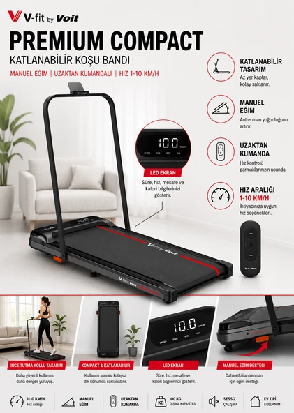 Voit Premium Compact Katlanabilir Koşu Bandı - Manuel Eğimli / Uzaktan Kumandalı ürün görseli 1