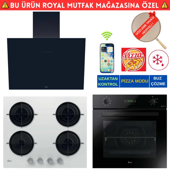 Hoover Morella Telefon Bağlantılı Cam Siyah  Ankastre Set (HO3158B+ HVW6MW Beyaz + HDG6C1GBTK) ürün görseli 1