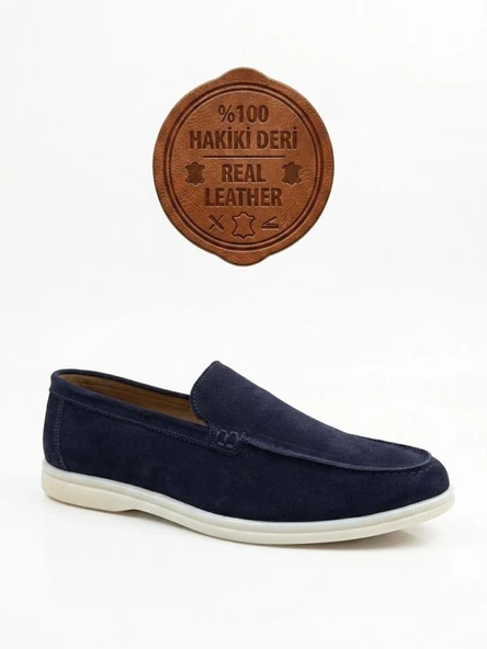 BA0252 %100 İçi Dışı Hakiki Deri Erkek Lacivert Süet Casual Loafer Termo Taban Ayakkabı ürün görseli 1