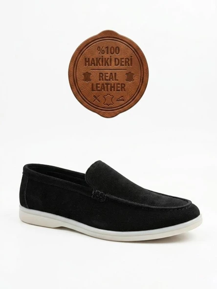 BA0252 %100 İçi Dışı Hakiki Deri Erkek Siyah Süet Casual Loafer Termo Taban Ayakkabı ürün görseli 1
