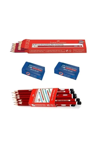Faber Castell . 12 Li Kırmızı Kopya Kalemi, 12 Li Mercanlı Kurşun Kalem, 2 Adet Mavi Silgi ürün görseli 1