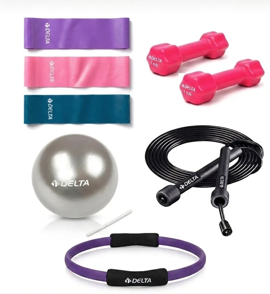 5 Parça Pilates & Fitness Seti Pilates bant, Atlama İpi, 2x1 Kg PVC Kaplama Dambıl, 25 cm pilates topu,35 cm pilates çemberi ürün görseli 1